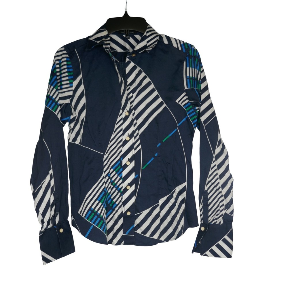 PAPERWHITE Artsy Cotton Shirt Women’s SIZE 4 Blue Geometric Button Long Sleeve